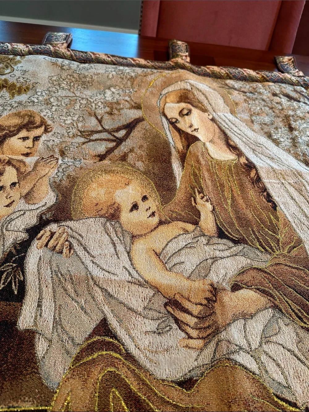 Religious Tapestry-Tache Home Decor “Christ Among The Blossom Mary & Child Jesus